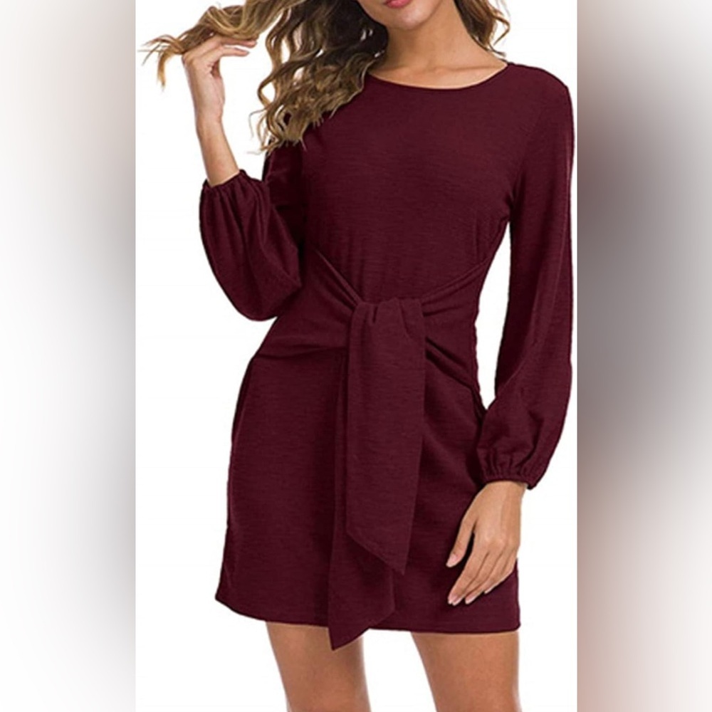 Women's Long Sleeve Tie-Waist Dress in Burgundy